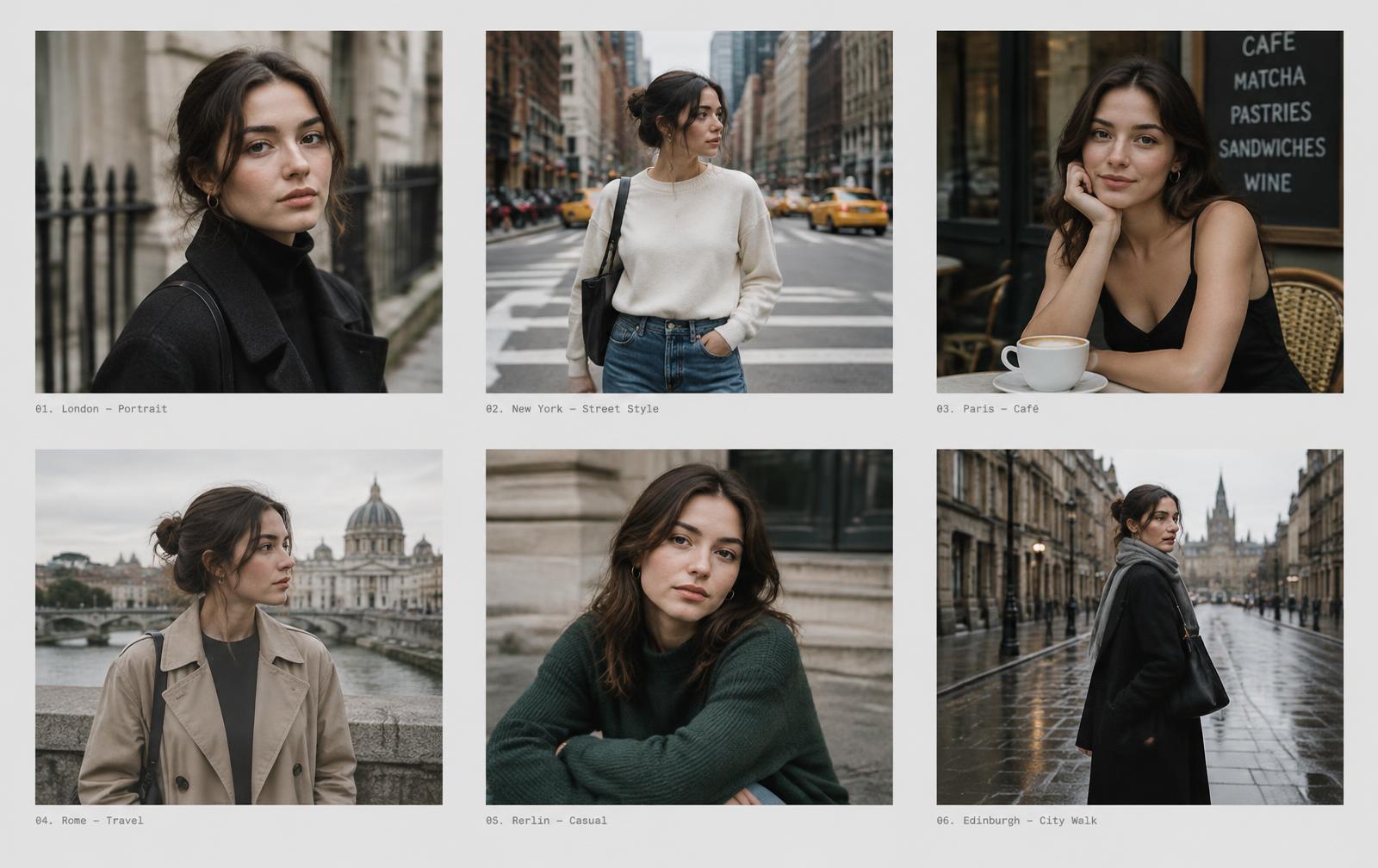 AI-generated virtual influencer shown across multiple consistent portrait scenes
